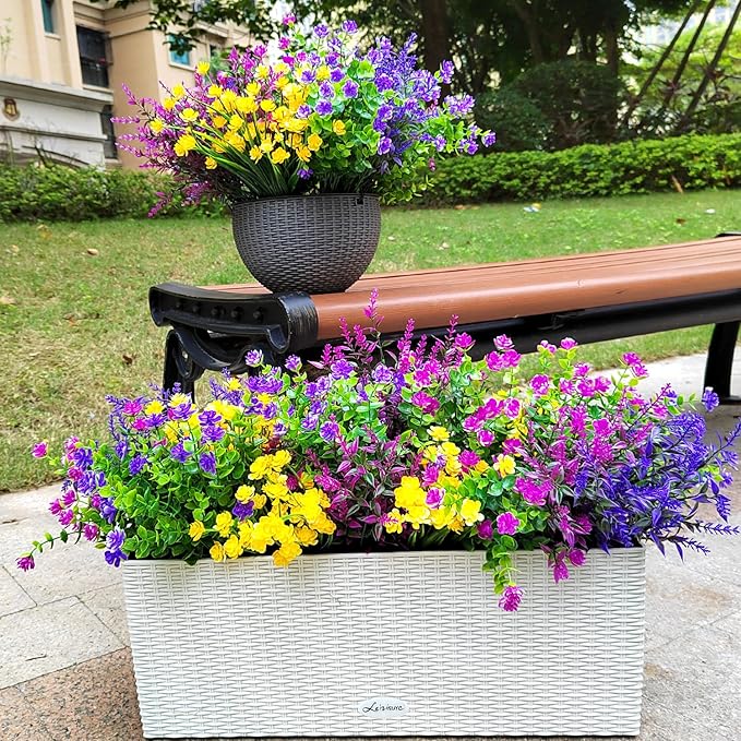 20 Bundles Artificial Flowers Outdoor UV Resistant No Fade Fake Plants Faux Plastic Shrubs for Garden Patio Porch Window Box Home Wedding Farmhouse Hanging Décor