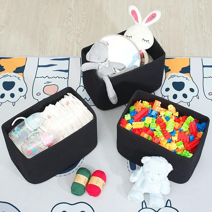 MINTWOOD Design 3-Pack Storage Baskets for Shelves, Playroom and Classroom, Book Basket, Decorative Storage Cube Bins, Woven Closet Organizers, Pantry and Shoe Organizer, Full Black