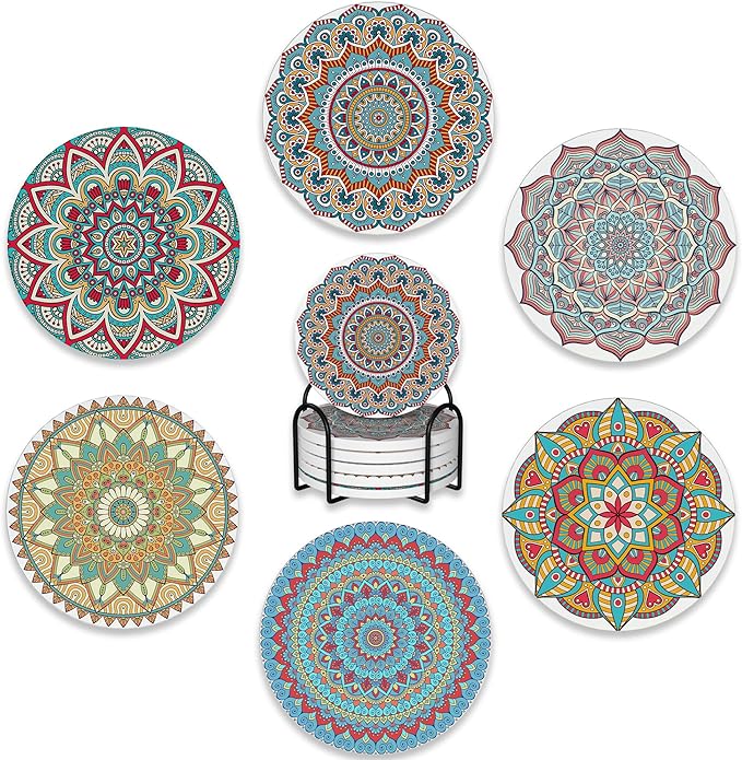 Drink Coasters Set of 6 with Holder,Mandala Boho Flower Absorbent Ceramic Coasters with Cork Base,Fit All Cups,Tabletop Protection Mat for Mugs and Cups,Office,Kitchen