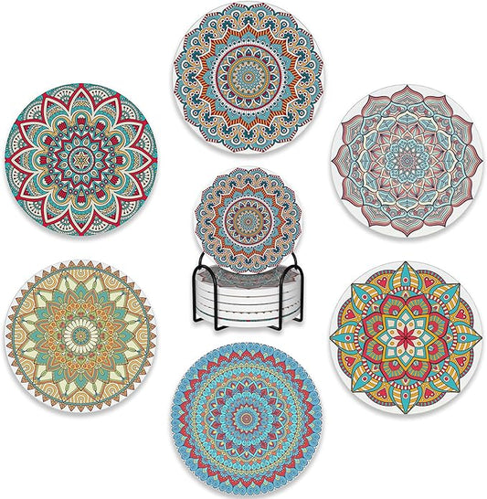 Drink Coasters Set of 6 with Holder,Mandala Boho Flower Absorbent Ceramic Coasters with Cork Base,Fit All Cups,Tabletop Protection Mat for Mugs and Cups,Office,Kitchen