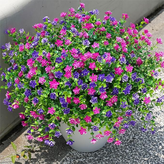 Ivydale Artificial Flowers Plants for Sping Summer Outdoors Indoors Decoration, 12 Bundles Fake Plastic UV Resistant Flowers Faux Greenery Bushes Shrubs for Home Porch Patio Garden (Purple+Fuchsia)