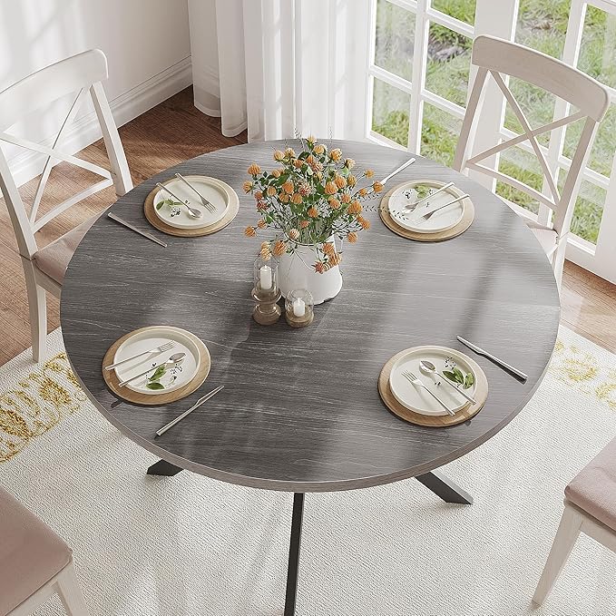 ChooChoo 47.2 Inch Round Dining Table for 4, Farmhouse Wood Kitchen Table, Circle Dinner Table for Kitchen & Dining Room, Grey
