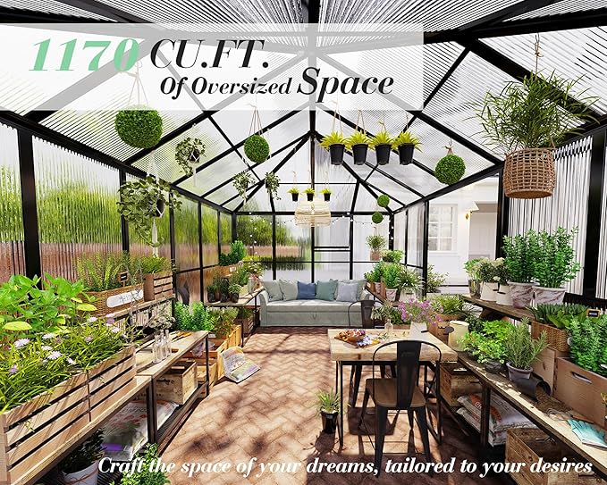 Jocisland 16x12x9.5 FT Polycarbonate Greenhouse- 6 FT Wall Height Outdoor Aluminum Greenhouses with 2 Ventilation and Rain Gutter, Double Doors with Hook, Walk-in Greenhouse for Backyard Garden