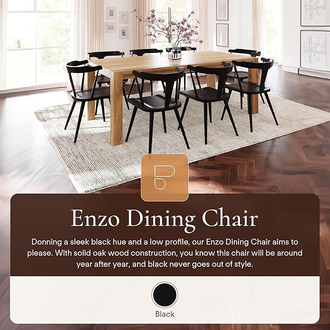 POLY & BARK Mid Century Modern Enzo Black Dining Chair – Solid Oak Wood Splat Back Chair, 18" Seat Height, 32" Tall – Stylish MCM Kitchen & Dining Room Chair - Set of 3