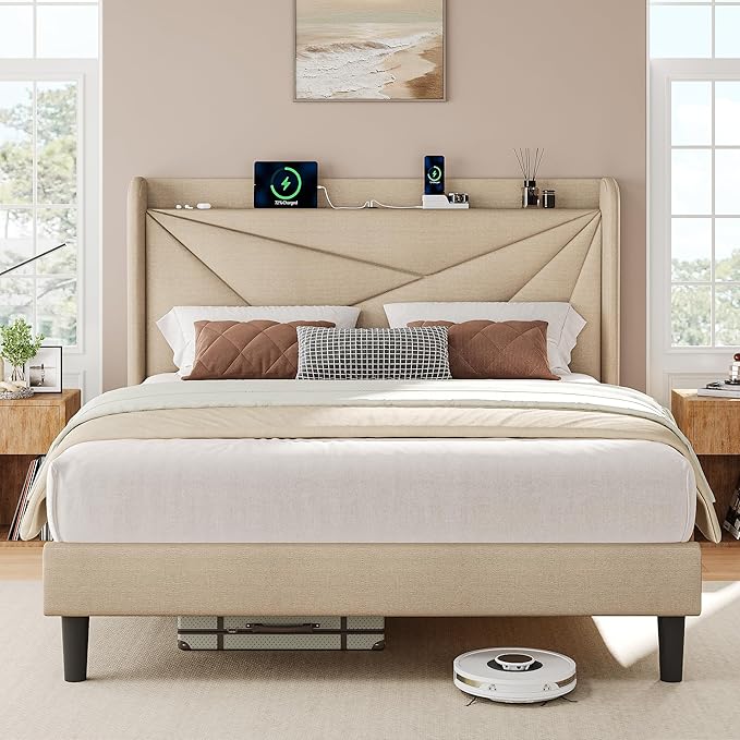 iPormis Full Size Bed Frame with Charging Station, Linen Platform Bed Frame with Wingback Upholstered Headboard, Solid Wood Slats Support, No Box Spring Needed, Easy Assembly, Beige