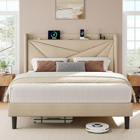 iPormis Full Size Bed Frame with Charging Station, Linen Platform Bed Frame with Wingback Upholstered Headboard, Solid Wood Slats Support, No Box Spring Needed, Easy Assembly, Beige