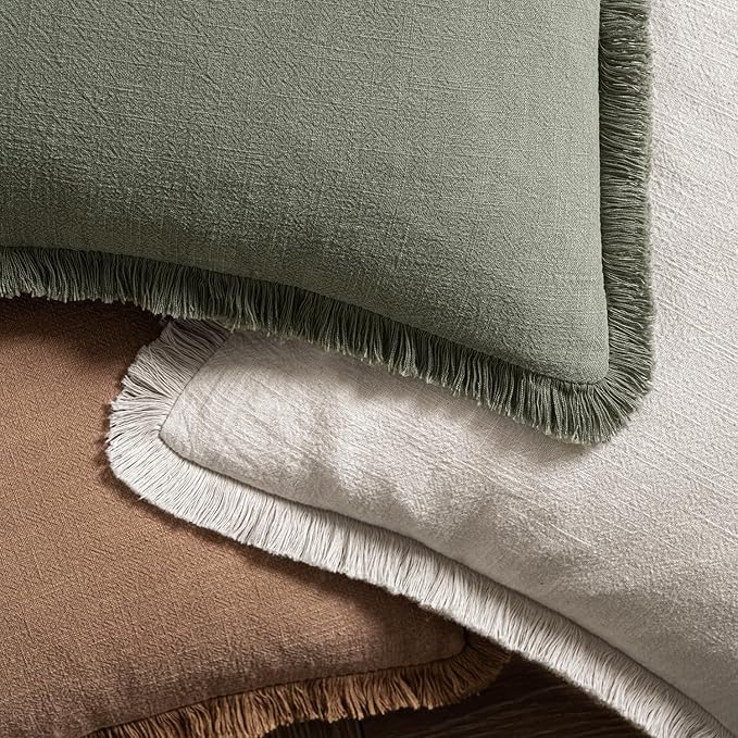 MIULEE Decorative Couch Pillow Covers Neutral Beige Linen Fringe Throw Pillows Set of 4 Boho Farmhouse Cushion Covers Soft Accent Pillowcases for Bed Couch Sofa Living Room Home Decor 18x18 Inch