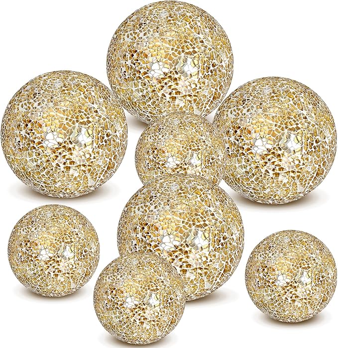 8 Pcs 3'' 4'' Decorative Ball for Centerpiece Bowls Glass Mosaic Sphere Decorative Orbs for Bowl Vase Fillers Christmas Wedding Party Dining Room Table Decor(Gold)