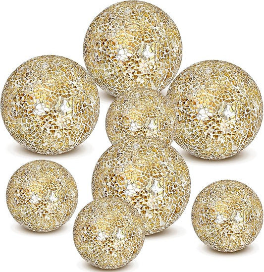 8 Pcs 3'' 4'' Decorative Ball for Centerpiece Bowls Glass Mosaic Sphere Decorative Orbs for Bowl Vase Fillers Christmas Wedding Party Dining Room Table Decor(Gold)