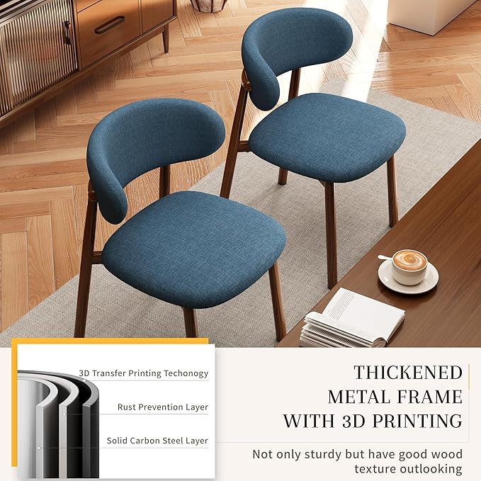 Kitchen Dining Chairs Set of 6 Modern Soft Linen Farmhouse Dining Room Chair with Metal Legs, Blue/Walnut