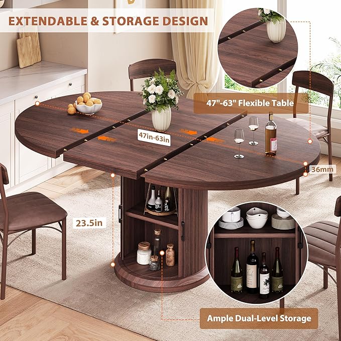 Extendable Round Kitchen Dining Room Table for 4-6 with 2-Tier Storage Shelf, 63'' Space Saving Expandable Wood Oval Circle Dinner Furniture with Pedestal Base (Brown)