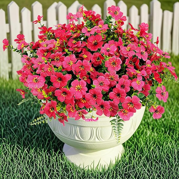 Artificial Faux Plants Flowers Outdoor Decoration,16 Bundles Fake Silk Colorful Daisy Eucalyptus Realistic UV Resistant for Outside Home Planter Porch Patio Yard Decor (Red)