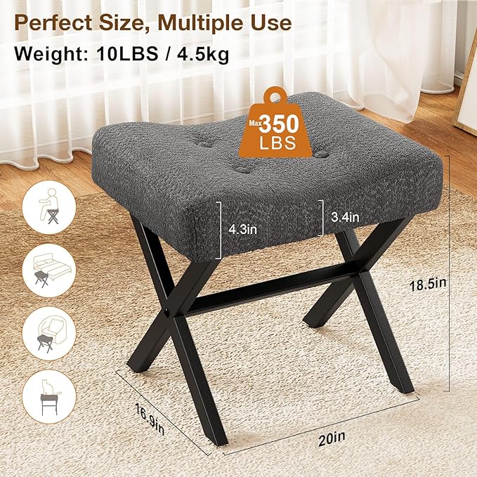 18-Inch Large Vanity Stool Chair, Vanity Bench with Metal X-Legs, Ottoman Accent Stool with Breathable and Soft Boucle Fabric Saddle Seat, Grey
