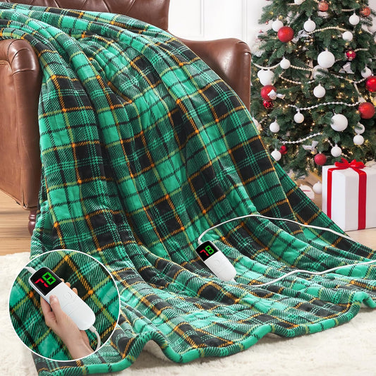 Green Heated Blanket Electric Throw 50X60, Heating Blanket for Couch, Plaid Sherpa Winter Blankets Warmer, 10 Levels & 8-Hour Auto Off, Fast Heated House Warming Gifts New Home Christmas Decor for Mom