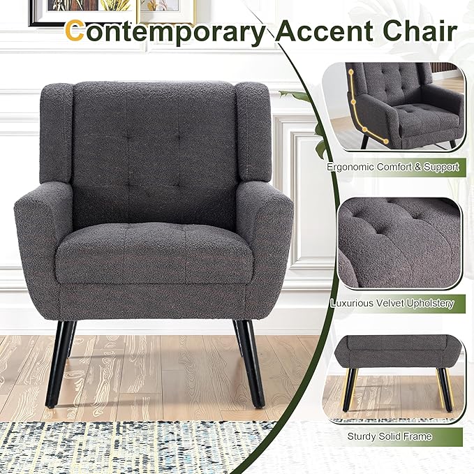 NicBex Modern Accent Chair for Living Room Upholstered Foam Filled Living Room Chairs with Metal Legs Teddy Cozy Lounge Armchair for Living Room Bedroom,Grey