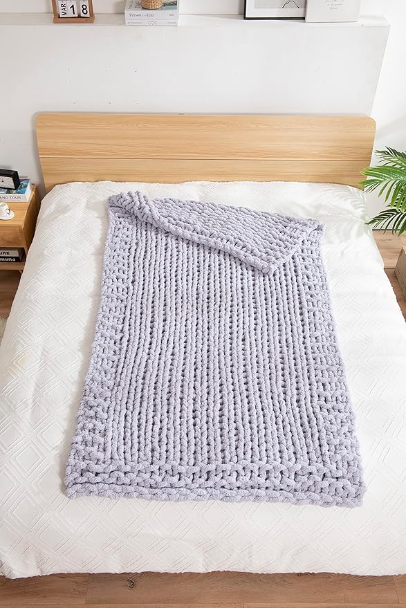 clootess Chunky Knit Blanket Knitted Throw Crochet Chenille Yarn Woven for Bed Sofa Textured Thick Cable Decor (Grey 40x60 in)