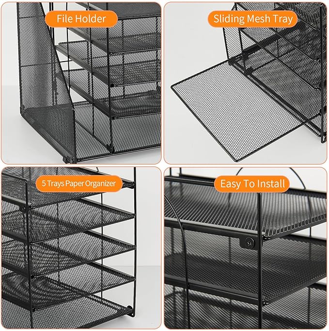 Desk Organizers and Accessories, 5-Tier Paper Letter Tray Organizer with File Holder, Desktop Organizer for Office Supplies (Black)