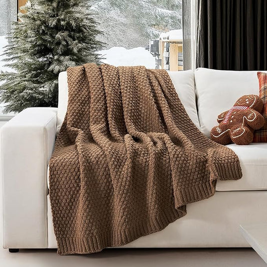 EVERGRACEHOME Chunky Chenille Knit Throw Blanket for Couch, Soft Luxurious Moss Stitch Blankets for Bed, Cozy Decorative Farmhouse Knitted Throws for Sofa, Camel Brown, 50" x 60"