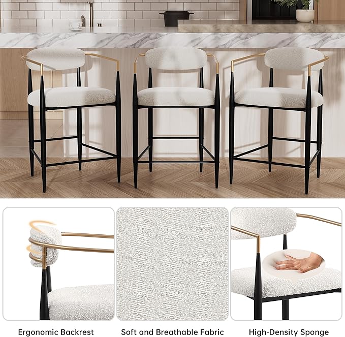 Morden Fort Counter Height Bar Stools Set of 4, Modern Upholstered Counter Stools with Gold Arms and Black Metal Legs, 26" Island Chairs for Kitchen and Home Bar