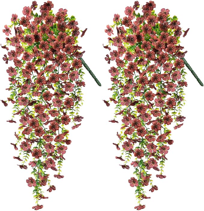 Artificial Mums for Outdoors Fake Hanging Flowers for Fall Decoration, 2 PCS Silk Daisy Flower Realistic Faux Plants UV Resistant for Porch Patio Window Yard Outside Autumn Decor(Brown)