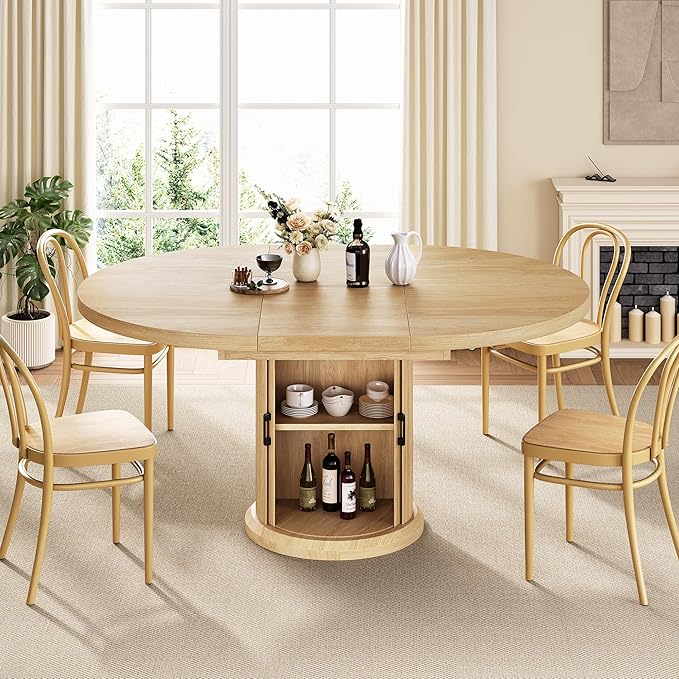 Extendable Round Kitchen Dining Room Table for 4-6 with 2-Tier Storage Shelf, 63'' Space Saving Expandable Wood Oval Circle Dinner Furniture with Pedestal Base (Natural Oka)