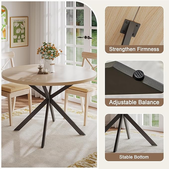 ChooChoo 47.2 Inch Round Dining Table for 4, Farmhouse Wood Kitchen Table, Circle Dinner Table for Kitchen & Dining Room, Natural Oak