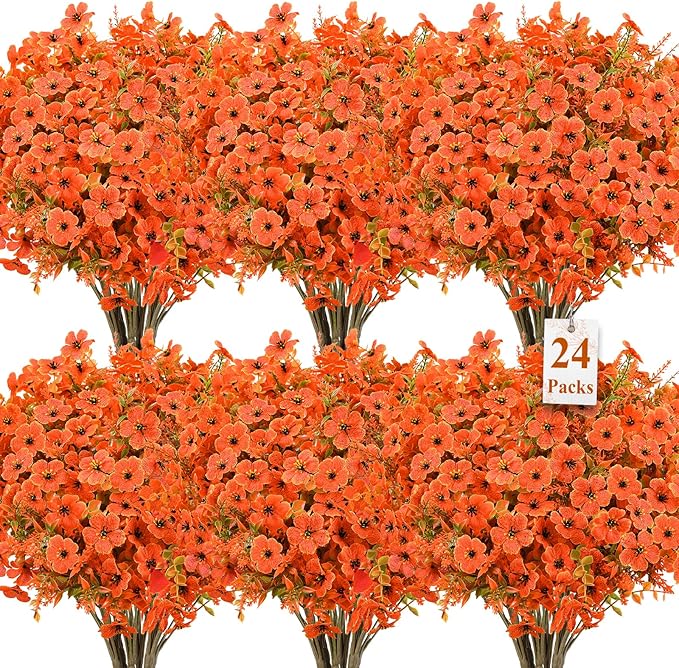 SHareconn 24 Bundles Artificial Fall Flowers for Outdoors Decoration, UV Resistant Silk Eucalyptus Lavender Faux Autumn Fake Plants for Outside Indoor Garden Yard Porch Home Decor, Autumn Colours