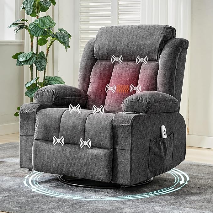 GarveeHome 360° Swivel Rocker Recliner Chair with Heat Massage, Widen Overstuffed Single Sofa Lounge Chair with 3 Positions 2 Side Pockets Cup Holders USB Ports Remote Control Gray
