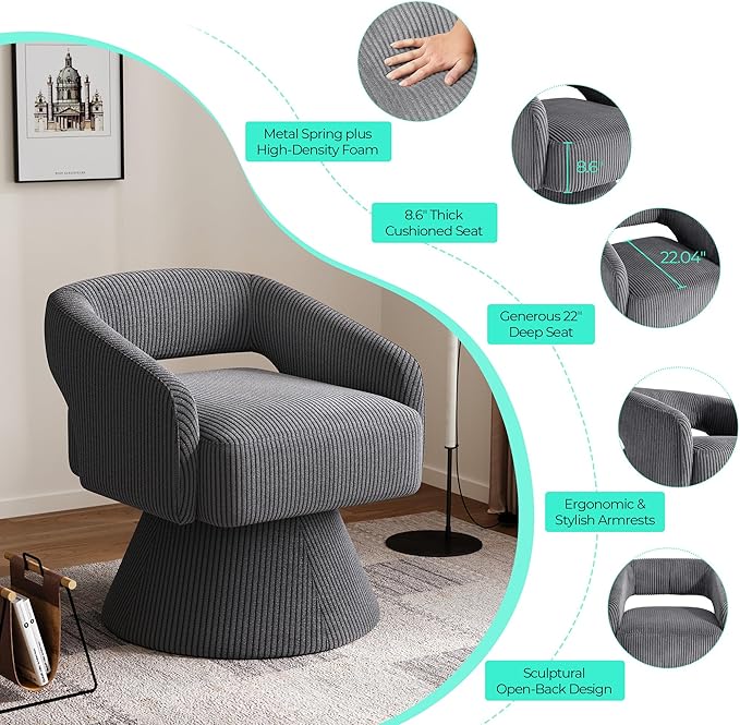 LINSY Swivel Accent Chair, Small Barrel Chair 360 Swivel Modern Armchair, Upholstered Reading Chair for Small Spaces Living Room, Vanity Chair for Bedroom, Grey