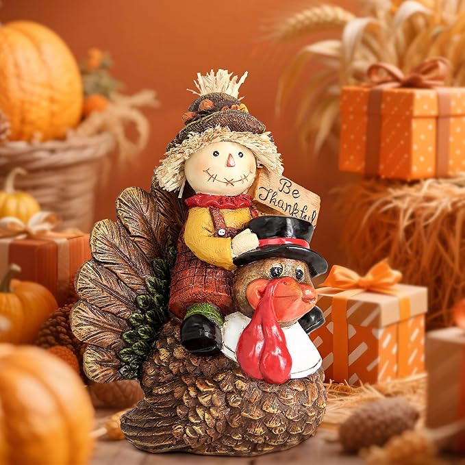 Thanksgiving Turkey Statue and Fall Scarecrow for Home Deocr, Turkey and Scarecrow Figurines Indoor Decorations Thanksgiving Autumn Harvest Gift Table Centerpieces