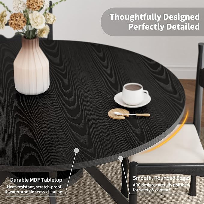 Black Dining Table for 4, 42 Inch Round Kitchen Table with Storage, Wooden Circle Dinner Table with Metal Legs, Rustic Mid Century Modern Dining Room Tables for Kitchen, Living Room, Dining Room