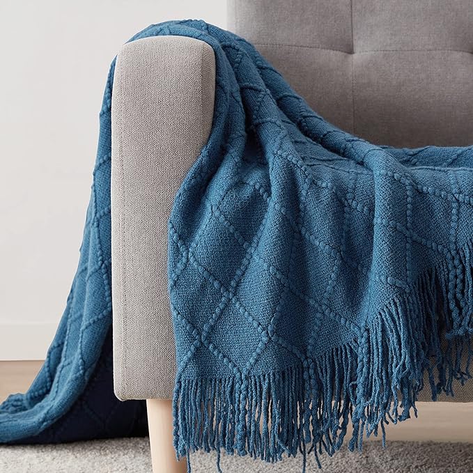 BOURINA Royal Blue Throw Blanket 50 x90 Inches Throw Textured Solid Soft Sofa Throw Couch Cover Knitted Decorative Blanket