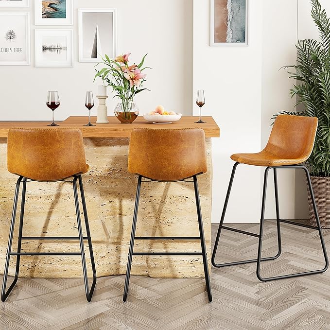 Bar Stools Set of 2, Modern Counter Height Bar Stools with Back, 26 inch Faux Leather Bar Stools with Metal Legs and Footrest, Urban Armless Dining Chairs for Kitchens Island (Brown)