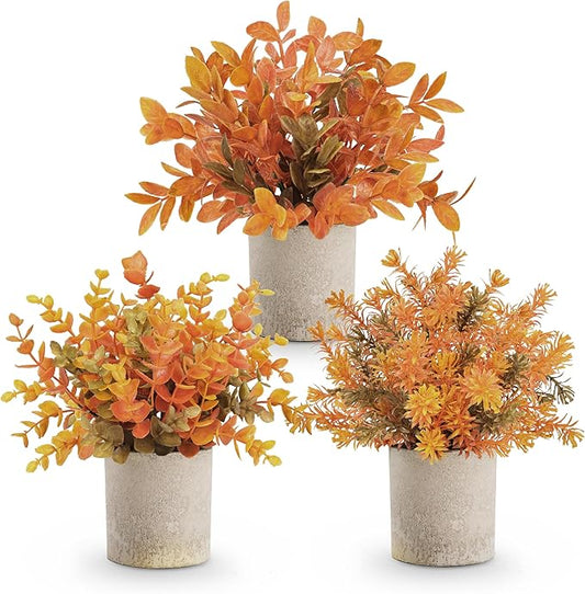 Der Rose 3 Pack Fall Mini Potted Fake Plants Artificial Plastic Eucalyptus Plants Topiaries Fall Decorations for Home Office Desk Farmhouse Room Bathroom Fall Decor