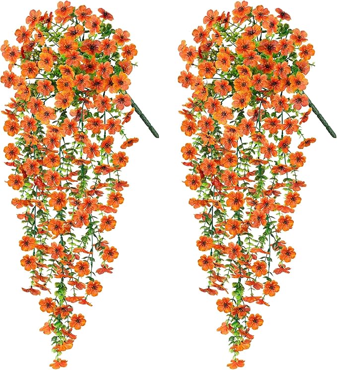 Fake Mums Artificial Hanging Flowers for Outdoor Fall Decoration, 2 PCS Silk Daisy Flower Realistic Faux Plants UV Resistant for Porch Patio Window Yard Outside Autumn Decor(Orange)