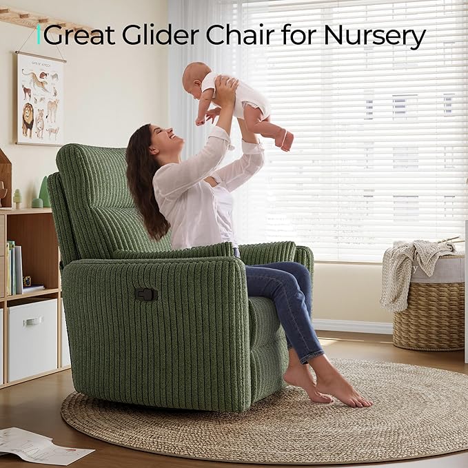 LINSY 360 Swivel Recliner Chair - Corduroy Nursery Glider Rocking Chair with 2 Pillows, Comfy High Back Adult Recliner for Small Spaces, Nursery Bedroom Living Room Reclining (Green)