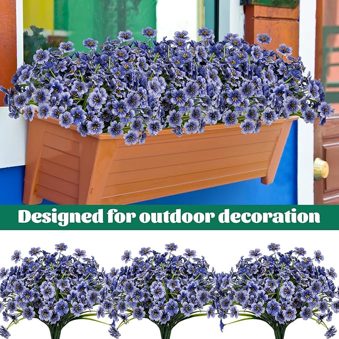 Lnoicy 24 Pcs Artificial Flowers for Outdoor,Plastic Flowers Decoration, UV Resistant Faux Flowers Shrubs, Artificial Plants for Indoor Outside Garden Home Wedding Farmhouse(Blue)