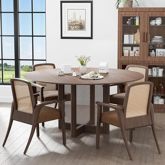 Casaphoria 60" Round Dining Table, Modern Kitchen Table for 8, Scratch-Resistant Top & Rattan Base, Farmhouse Dinner Table for Living Room, Kitchen, Bar, Easy Assembly, Walnut