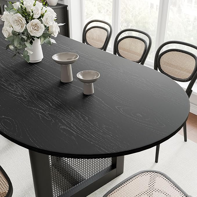 Casaphoria 79" Dining Table for 8, Wood Kitchen Table with Scratch-Resistant Top & Rattan Base, Modern Farmhouse Oval Dining Table for Living Room, Kitchen, Easy Assembly, Black (Chairs not Included)