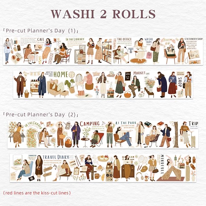 WT Pre-Cut Planner’s Day Washi Tape Set, 2 Rolls, Original Designs, Decorative Masking Tape for Journals, Planners, Scrapbooking, DIY Paper Projects