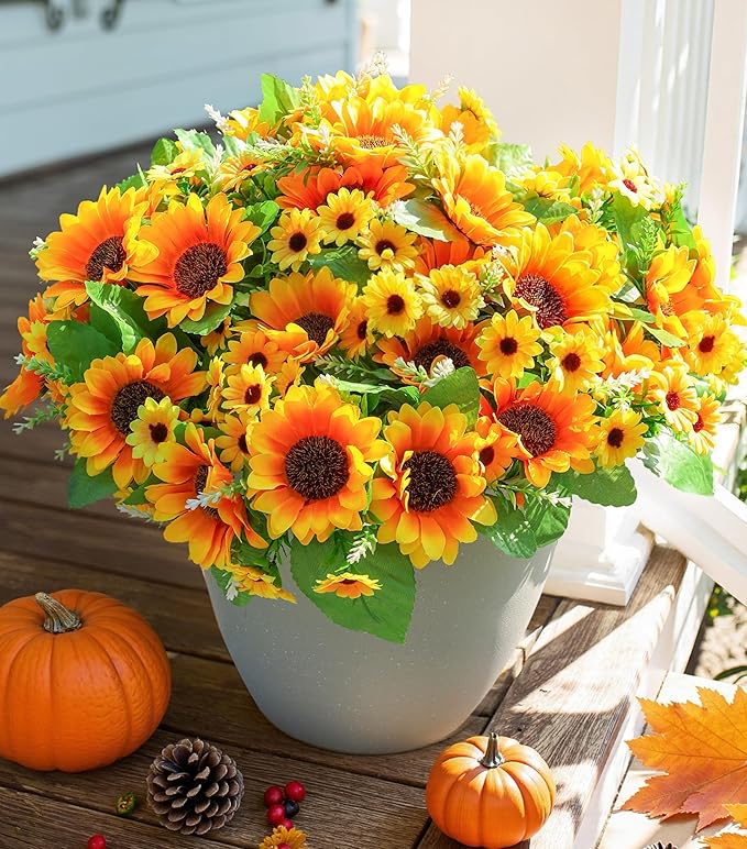 Sunflowers Artificial Flowers, 10 Bunches Fake Sunflower Artificial Flowers for Outdoors Fall Autumn Decoration Look Real UV Resistant Fake Flowers for Home Porch Garden Wedding Party Office Indoor
