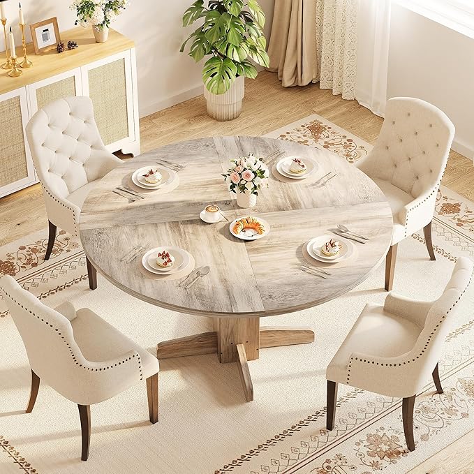 Garvee Round Dining Room Table for 4-6, 47" Wood Kitchen Table with Sturdy Pedestal Base, Farmhouse Circle Dinner Tables for Living Room, Apartment, Grey
