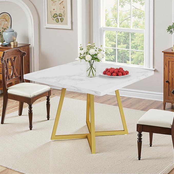 NicBex 31.5 Inch Square Dining Table for 4, Wooden Small Dinner Table Farmhouse Kitchen Tables with Metal Leg for Dining Room, Kitchen, Living Room, White & Gold