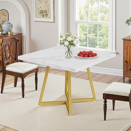 NicBex 31.5 Inch Square Dining Table for 4, Wooden Small Dinner Table Farmhouse Kitchen Tables with Metal Leg for Dining Room, Kitchen, Living Room, White & Gold