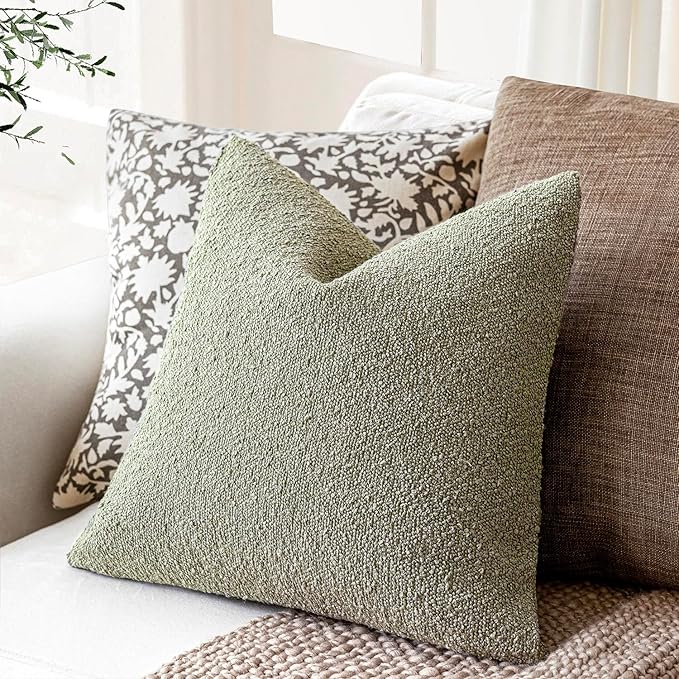 Foindtower Set of 2, Decorative Textured Boucle Throw Pillow Covers Accent Solid Pillow Cases Neutral Soft Couch Cushion Case for Chair Sofa Bedroom Living Room Home Decor 26x26 Inch Dirty Sage Green