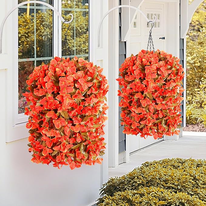 Bougainvillea Artificial Fall Flowers Fake Plants for Outdoors Autumn Decoration, 3PCS Faux Silk Hanging Trailing Vines with Baskets UV Resistant Realistic for Front Door Patio Balcony, Fall Orange