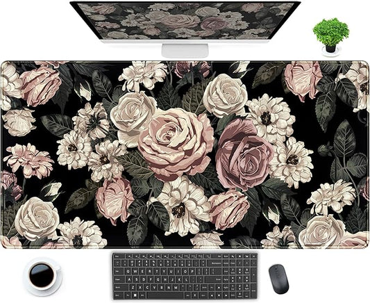 Retro Rose Floral Desk Mat Vintage Flower Plant Mouse Pad XXL Large Gaming Mousepad Cute Desk Pad Computer Mat 31.5x15.75 in, Cool Desktop Accessories for Women Office Desk Decor Keyboard Pad Mat