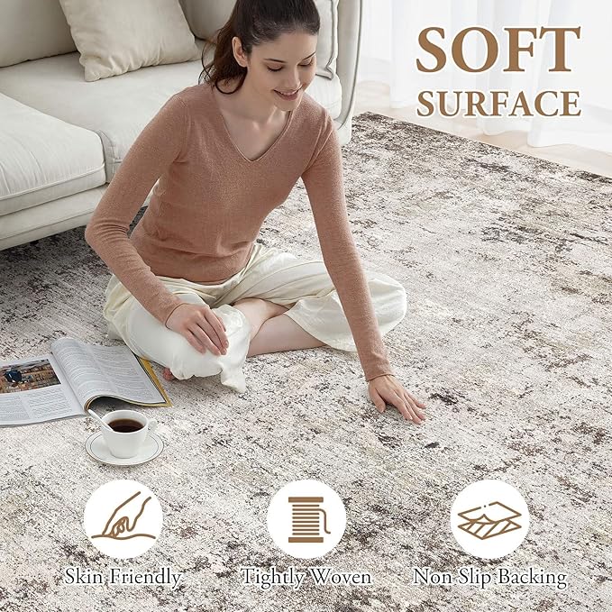 Area Rugs for Living Room: 6x9 Large Soft Washable Rug Modern Abstract Non-Slip Backing Stain Resistant Carpet for Bedroom Dining Room or Home Office Home Decor - Dark Brown