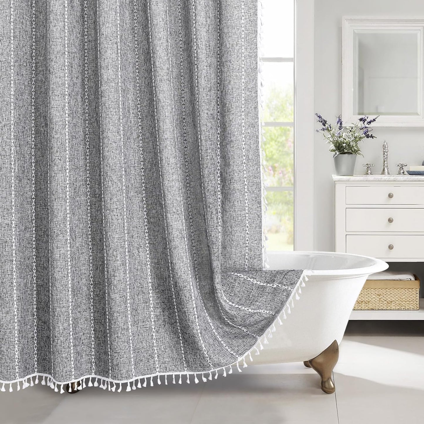 MitoVilla Dark Grey Farmhouse Shower Curtain Set 72 x 78, Boho 78 inch Long Polyester Linen Tassel Fabric Shower Curtain Set for Chic Cottagecore French Rustic Bathroom Decor, Charcoal Grey