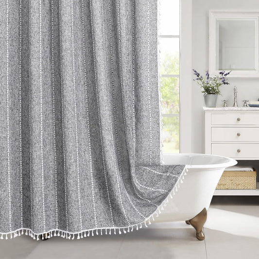 MitoVilla Dark Grey Boho Shower Curtains for Modern Farmhouse Bathroom Decor, Country Thick Polyester Linen Fabric Shower Curtain, Rustic Tassel Cloth Shower Curtain, 72 x 72, Charcoal Grey